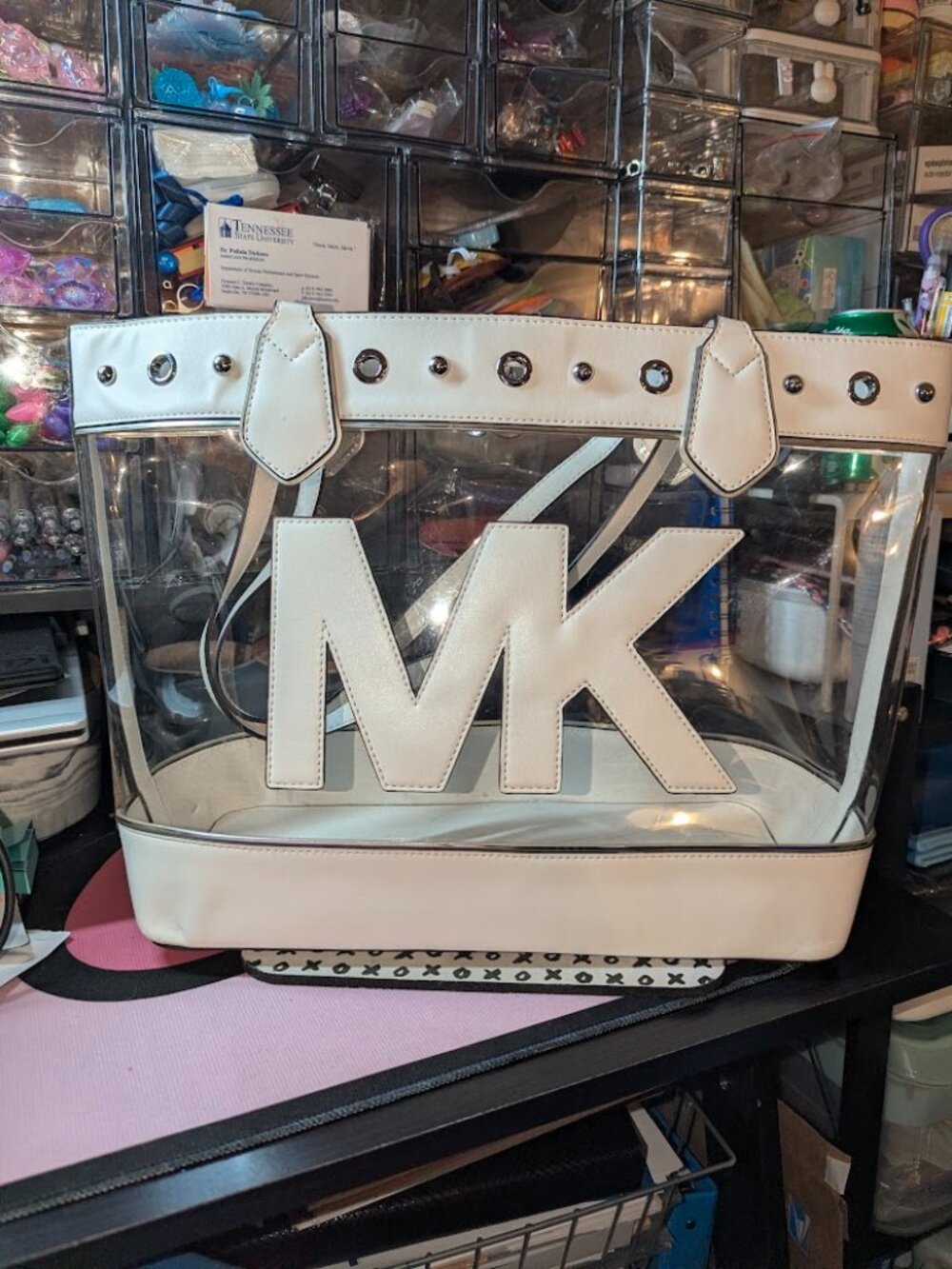 Michael Kors Montauk Large Tote Bag – White/Clear PVC with MK Appliqué & Grommet